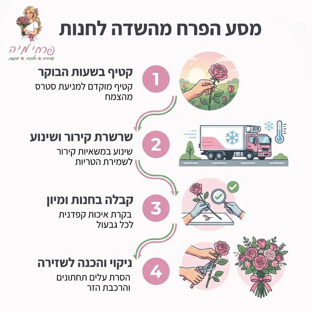 אינפוגרפיקה — מסע הפרח מהשדה לחנות: קטיף בשעות הבוקר, שרשרת קירור ושינוע, קבלה בחנות ומיון, ניקוי והכנה לשזירה
