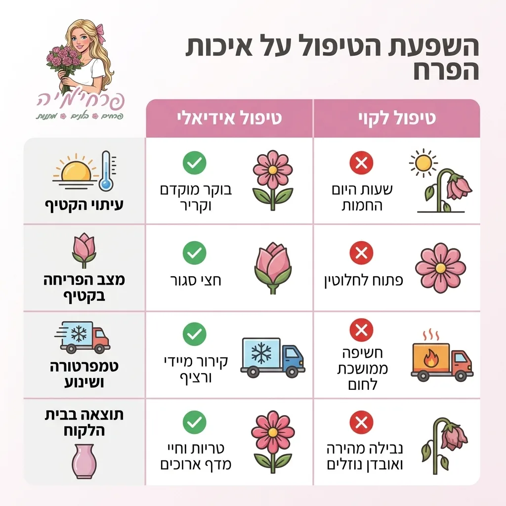 אינפוגרפיקה — השפעת הטיפול על איכות הפרח: השוואה בין טיפול אידיאלי, טיפול לקוי