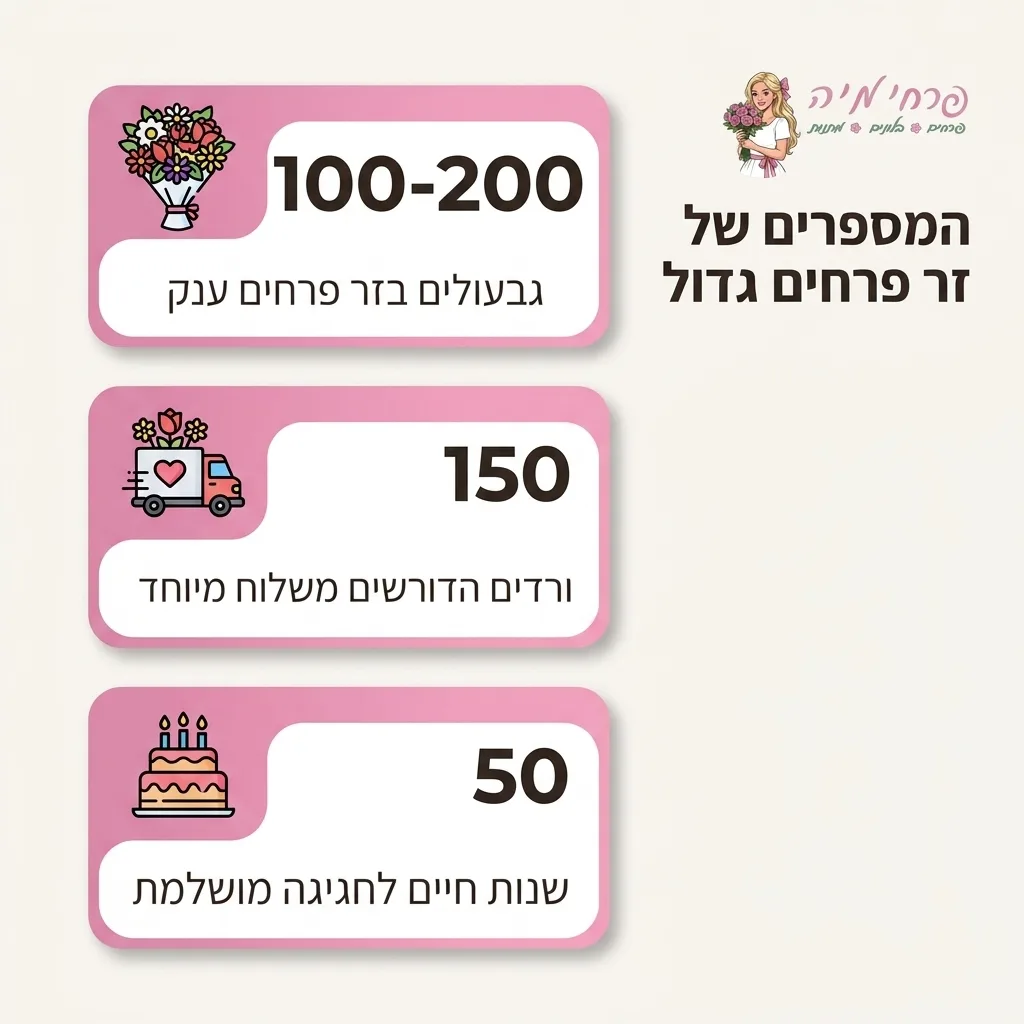 אינפוגרפיקה — המספרים של זר פרחים גדול: גבעולים בזר פרחים ענק, ורדים הדורשים משלוח מיוחד, שנות חיים לחגיגה מושלמת