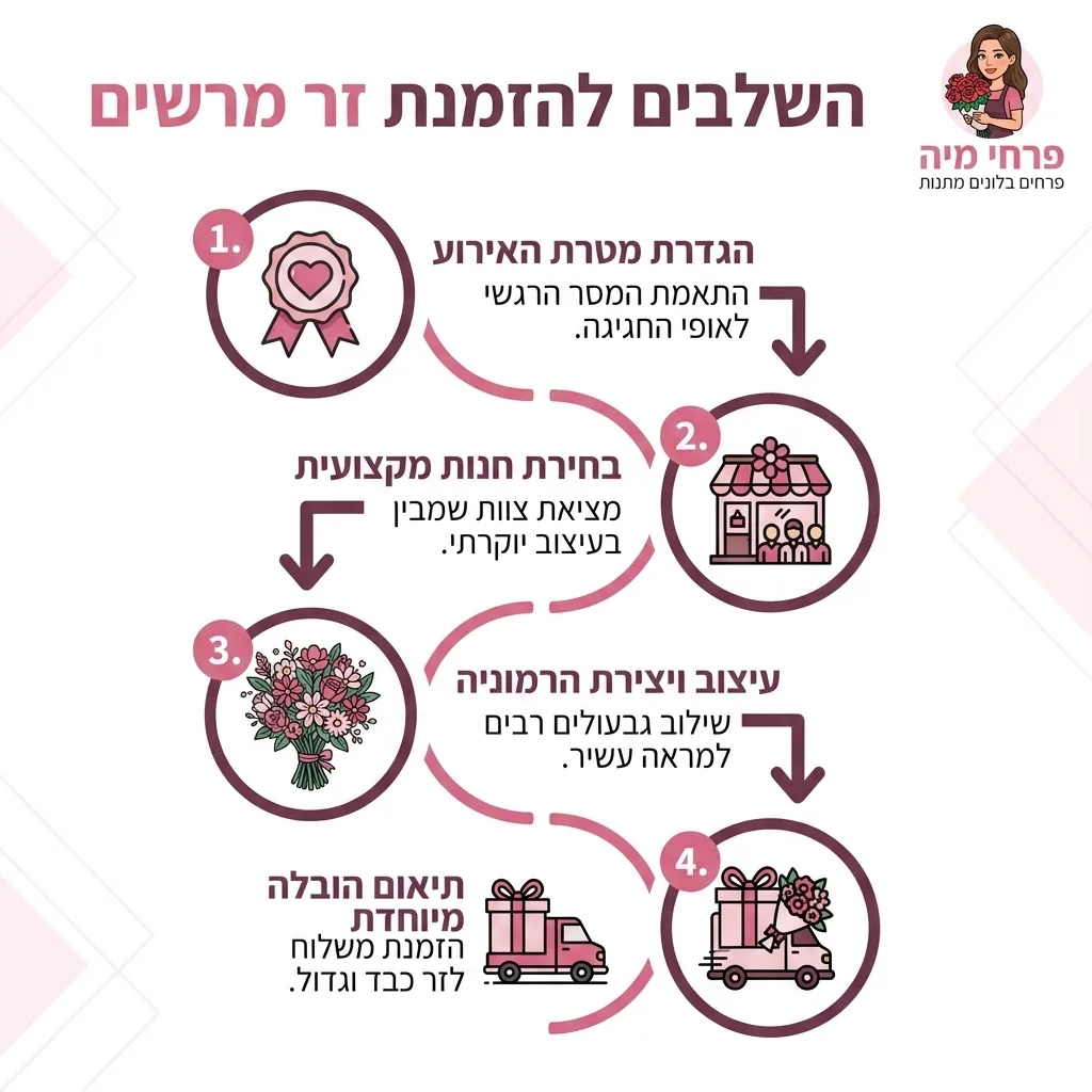 אינפוגרפיקה — השלבים להזמנת זר מרשים: הגדרת מטרת האירוע, בחירת חנות מקצועית, עיצוב ויצירת הרמוניה, תיאום הובלה מיוחדת