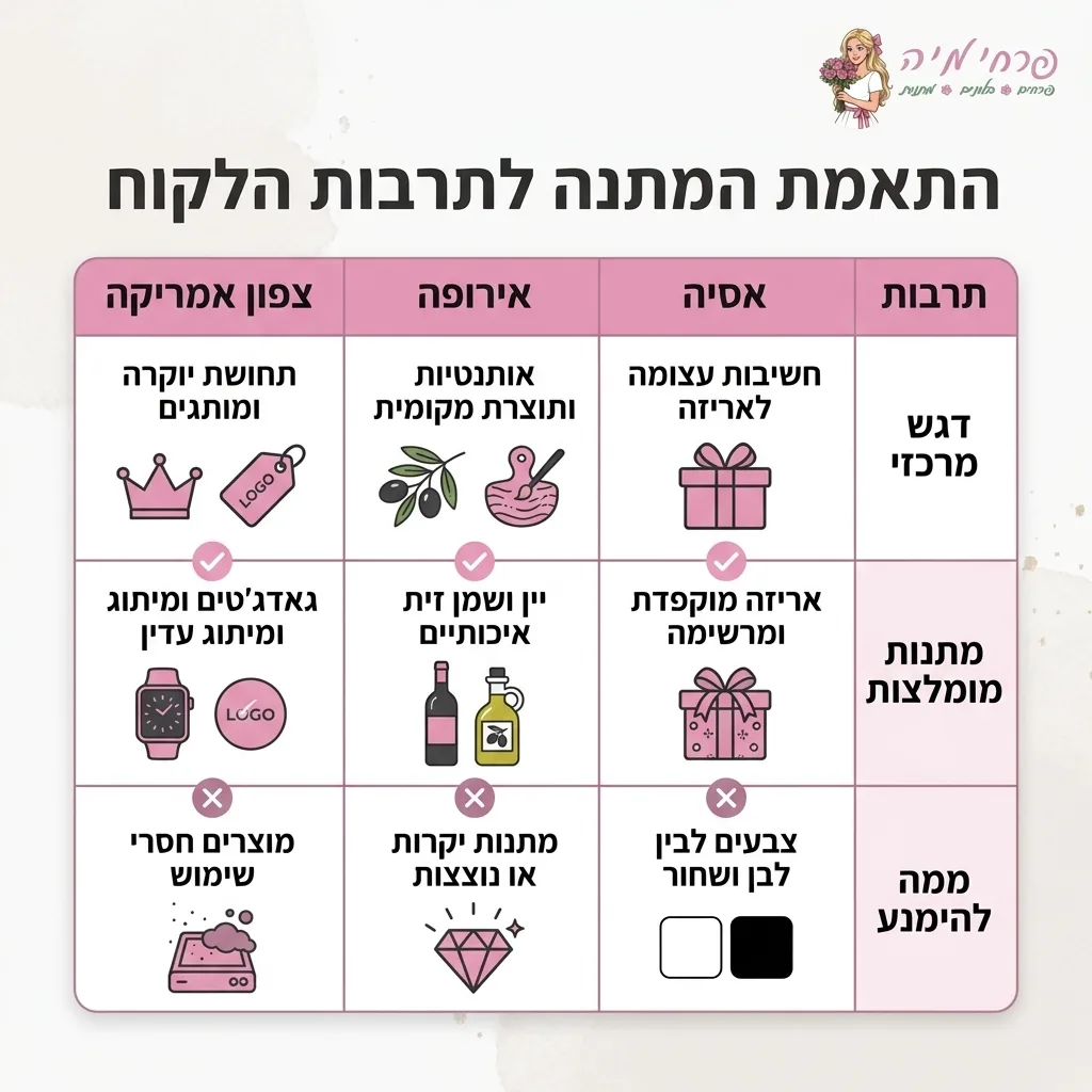 אינפוגרפיקה — התאמת המתנה לתרבות הלקוח: השוואה בין אסיה, אירופה, צפון אמריקה