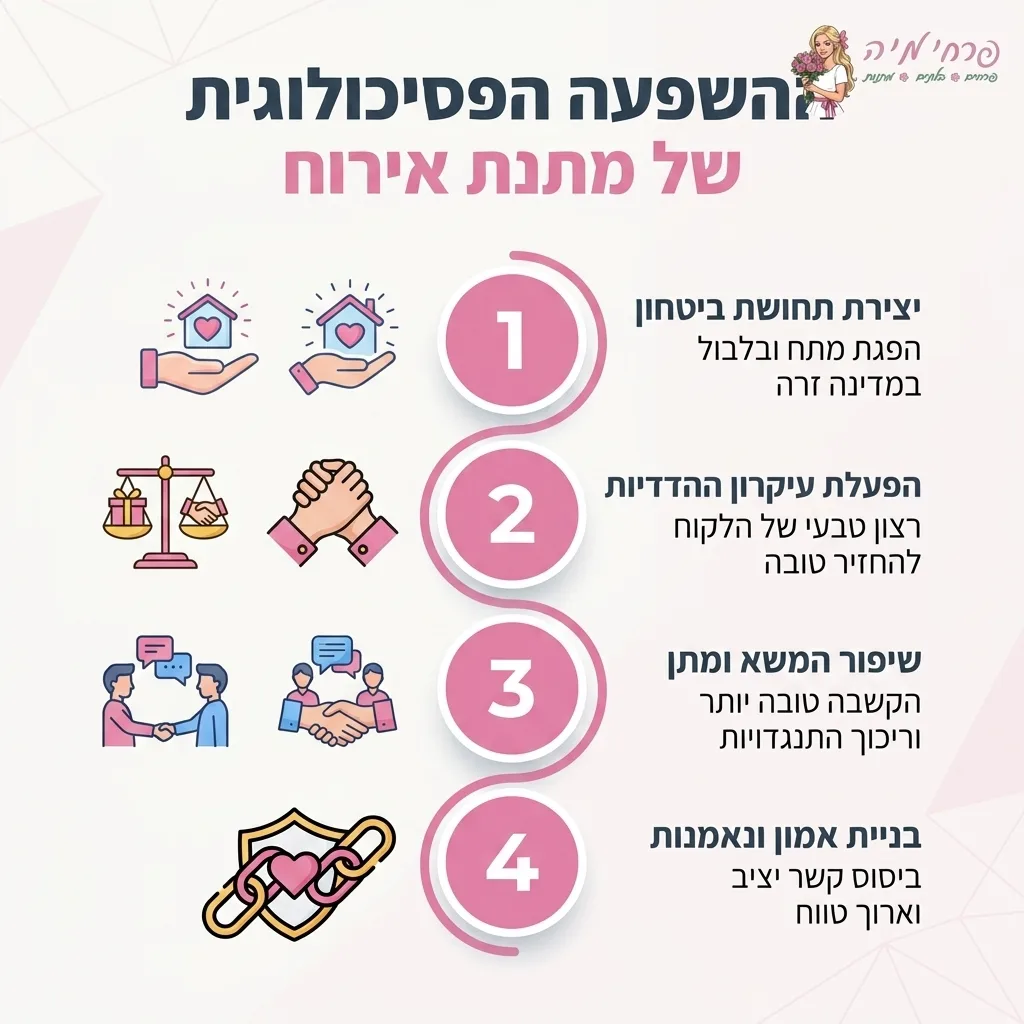 אינפוגרפיקה — ההשפעה הפסיכולוגית של מתנת אירוח: יצירת תחושת ביטחון, הפעלת עיקרון ההדדיות, שיפור המשא ומתן, בניית אמון ונאמנות