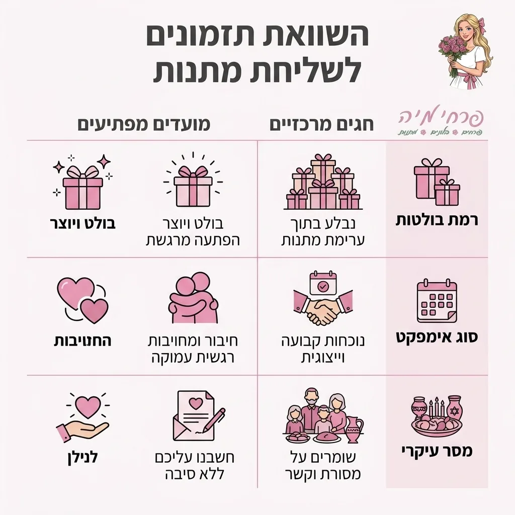 אינפוגרפיקה — השוואת תזמונים לשליחת מתנות: השוואה בין חגים מרכזיים, מועדים מפתיעים