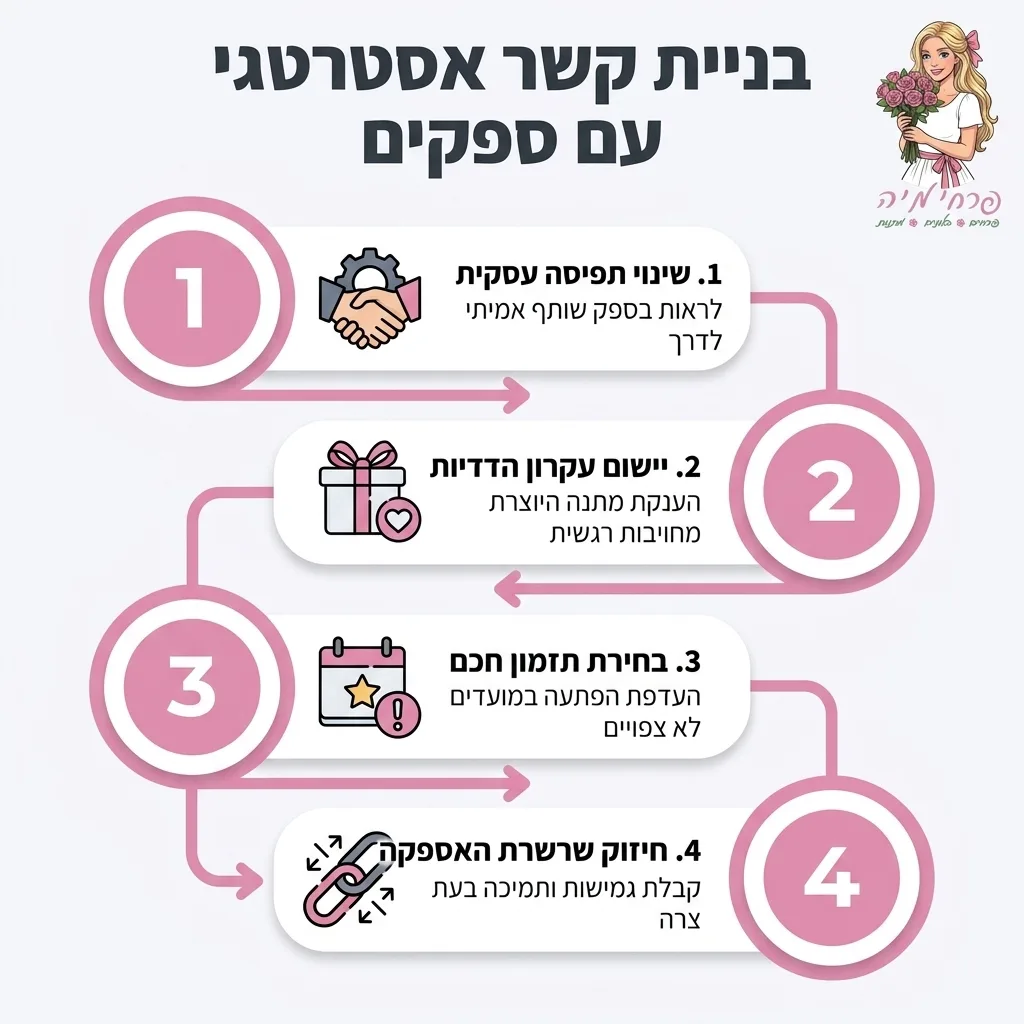 אינפוגרפיקה — בניית קשר אסטרטגי עם ספקים: שינוי תפיסה עסקית, יישום עקרון ההדדיות, בחירת תזמון חכם, חיזוק שרשרת האספקה