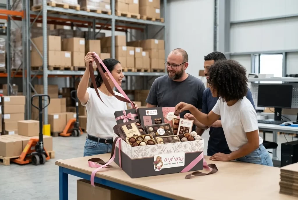 צוות עובדים במחסן לוגיסטי או במשרד ספק פותחים יחד מארז מתוק וגדול של שוקולדים שנשלח כאות הוקרה מלקוח מרוצה.