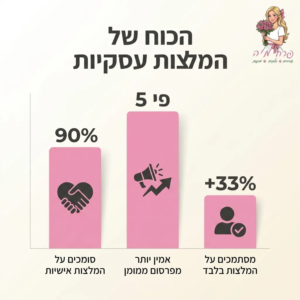 אינפוגרפיקה — הכוח של המלצות עסקיות: סומכים על המלצות אישיות, אמין יותר מפרסום ממומן, מסתמכים על המלצות בלבד