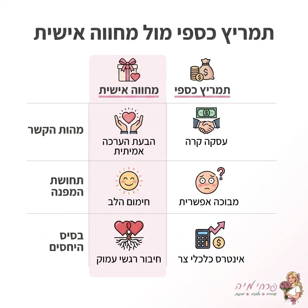 אינפוגרפיקה — תמריץ כספי מול מחווה אישית: השוואה בין תמריץ כספי, מחווה אישית