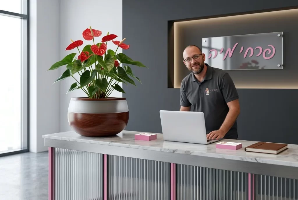 עציץ אנטוריום גדול ואלגנטי מונח בפינת קבלה (Reception) מודרנית ונקייה של משרד חדש.