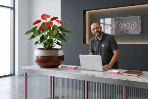 עציץ אנטוריום גדול ואלגנטי מונח בפינת קבלה (Reception) מודרנית ונקייה של משרד חדש.