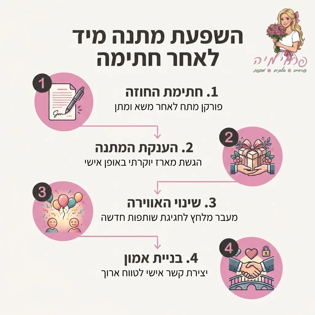 אינפוגרפיקה — השפעת מתנה מיד לאחר חתימה: חתימת החוזה, הענקת המתנה, שינוי האווירה, בניית אמון