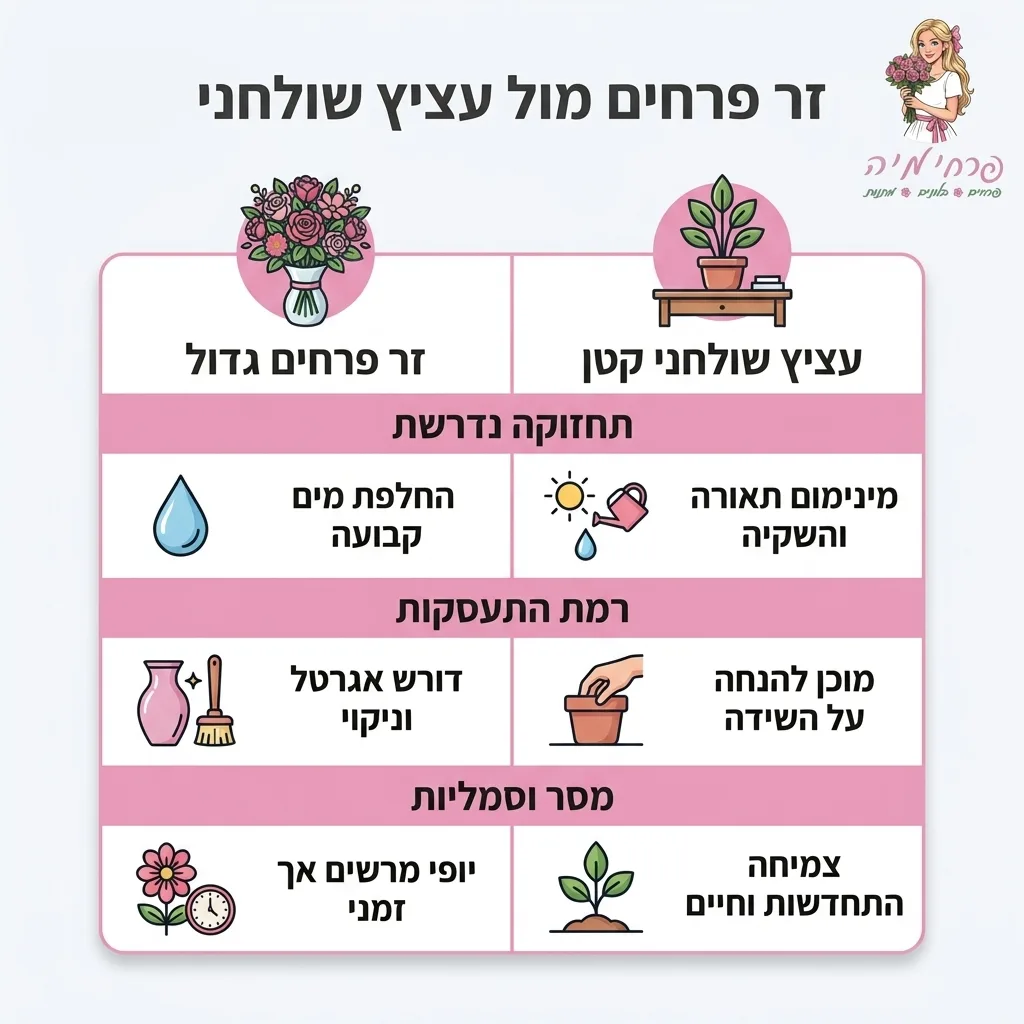 אינפוגרפיקה — זר פרחים מול עציץ שולחני: השוואה בין זר פרחים גדול, עציץ שולחני קטן