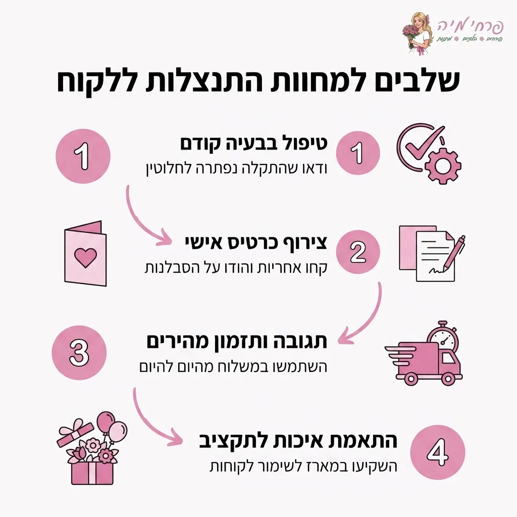 אינפוגרפיקה — שלבים למחוות התנצלות ללקוח: טיפול בבעיה קודם, צירוף כרטיס אישי, תגובה ותזמון מהירים, התאמת איכות לתקציב
