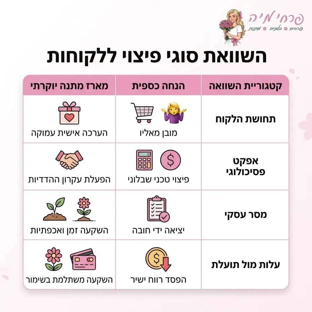 אינפוגרפיקה — השוואת סוגי פיצוי ללקוחות: השוואה בין הנחה כספית, מארז מתנה יוקרתי