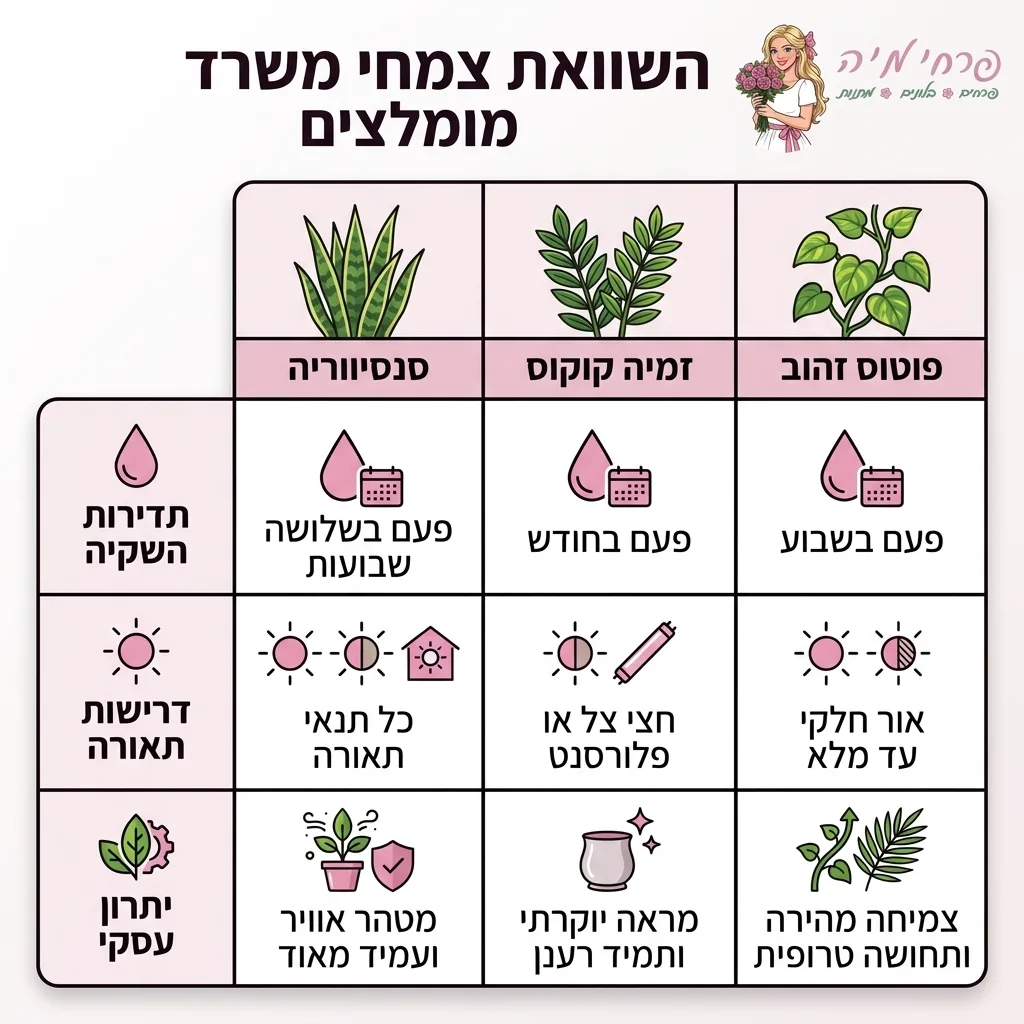 אינפוגרפיקה — השוואת צמחי משרד מומלצים: השוואה בין סנסיווריה, זמיה קוקוס, פוטוס זהוב
