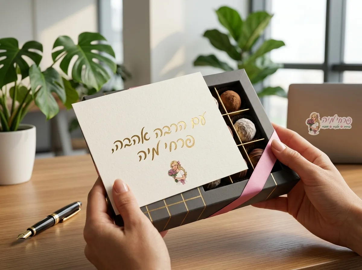 צילום תקריב פוטו-ריאליסטי של ידיים אוחזות בכרטיס ברכה מעוצב המצורף לקופסת שוקולד יוקרתית, במשרד מואר עם עציצים ברקע
