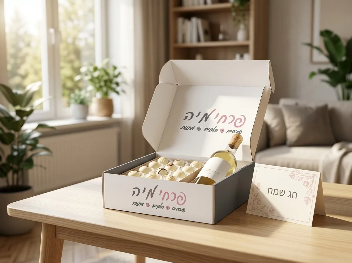 צילום פוטו-ריאליסטי של מארז מתנה מהודר הכולל קופסת פרלינים לבנה, בקבוק יין קטן וכרטיס ברכה, מונח באלגנטיות על שולחן עץ בסלון מואר באור שמש טבעי