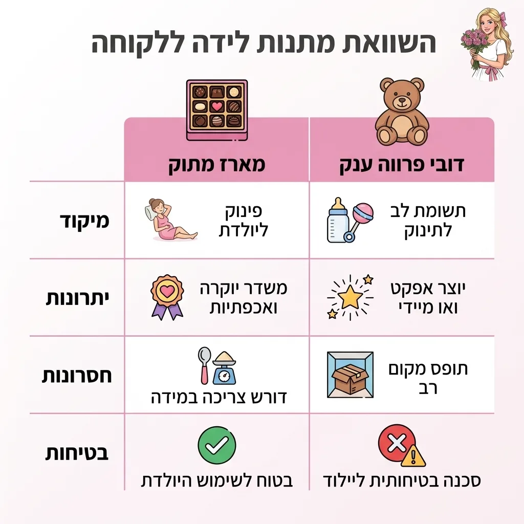 אינפוגרפיקה — השוואת מתנות לידה ללקוחה: השוואה בין מארז מתוק, דובי פרווה ענק
