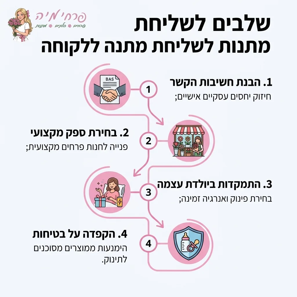 אינפוגרפיקה — שלבים לשליחת מתנה ללקוחה: הבנת חשיבות הקשר, בחירת ספק מקצועי, התמקדות ביולדת עצמה, הקפדה על בטיחות