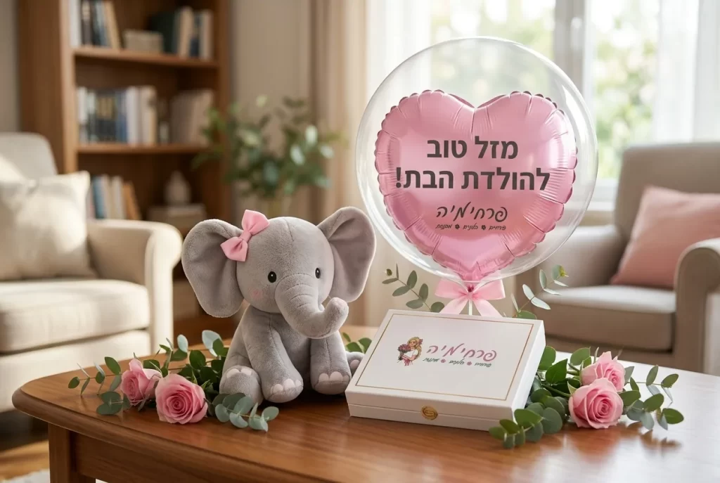 מארז המשלב בובת פיל מתוקה, קופסת פרלינים לבנה ובלון להולדת הבת/הבן, מונח בעדינות על שולחן סלון של בית.