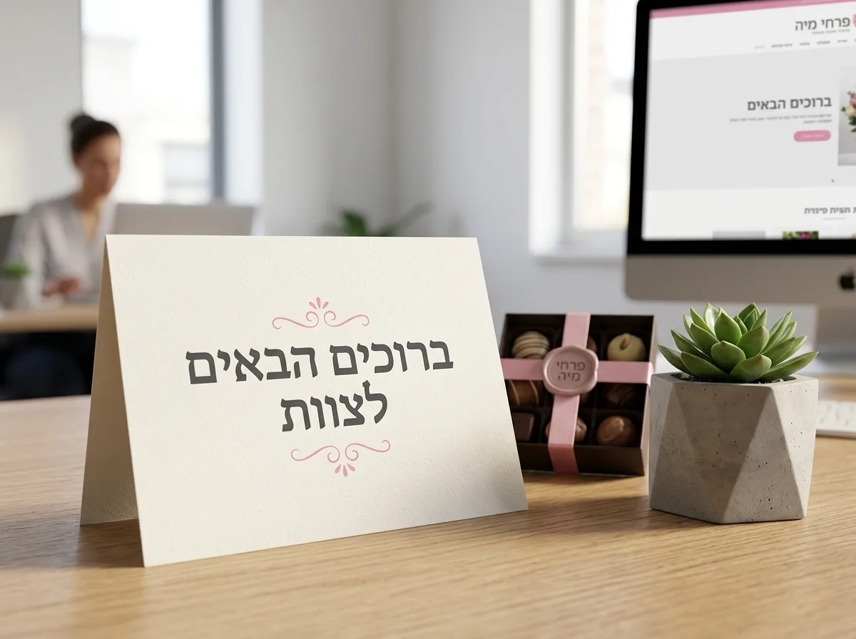 צילום תקריב של כרטיס ברכה ממותג עם הכיתוב 'ברוכים הבאים לצוות' מונח ליד עציץ ירוק קטן וקופסת פרלינים על שולחן משרדי עשוי עץ אלון