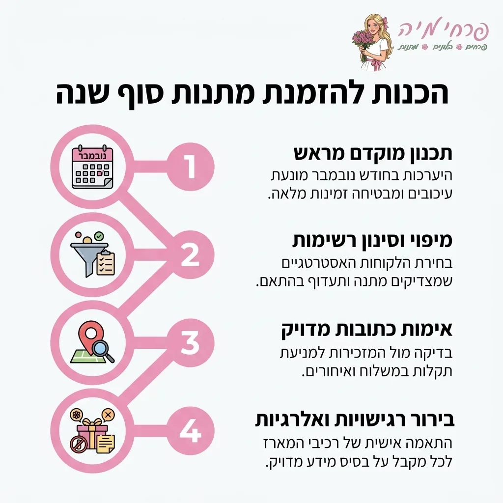 אינפוגרפיקה — הכנות להזמנת מתנות סוף שנה: תכנון מוקדם מראש, מיפוי וסינון רשימות, אימות כתובות מדויק, בירור רגישויות ואלרגיות