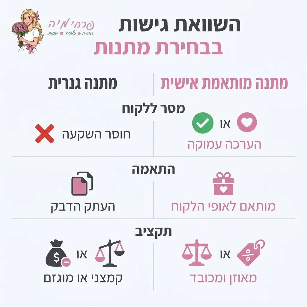 אינפוגרפיקה — השוואת גישות בבחירת מתנות: השוואה בין מתנה גנרית, מתנה מותאמת אישית
