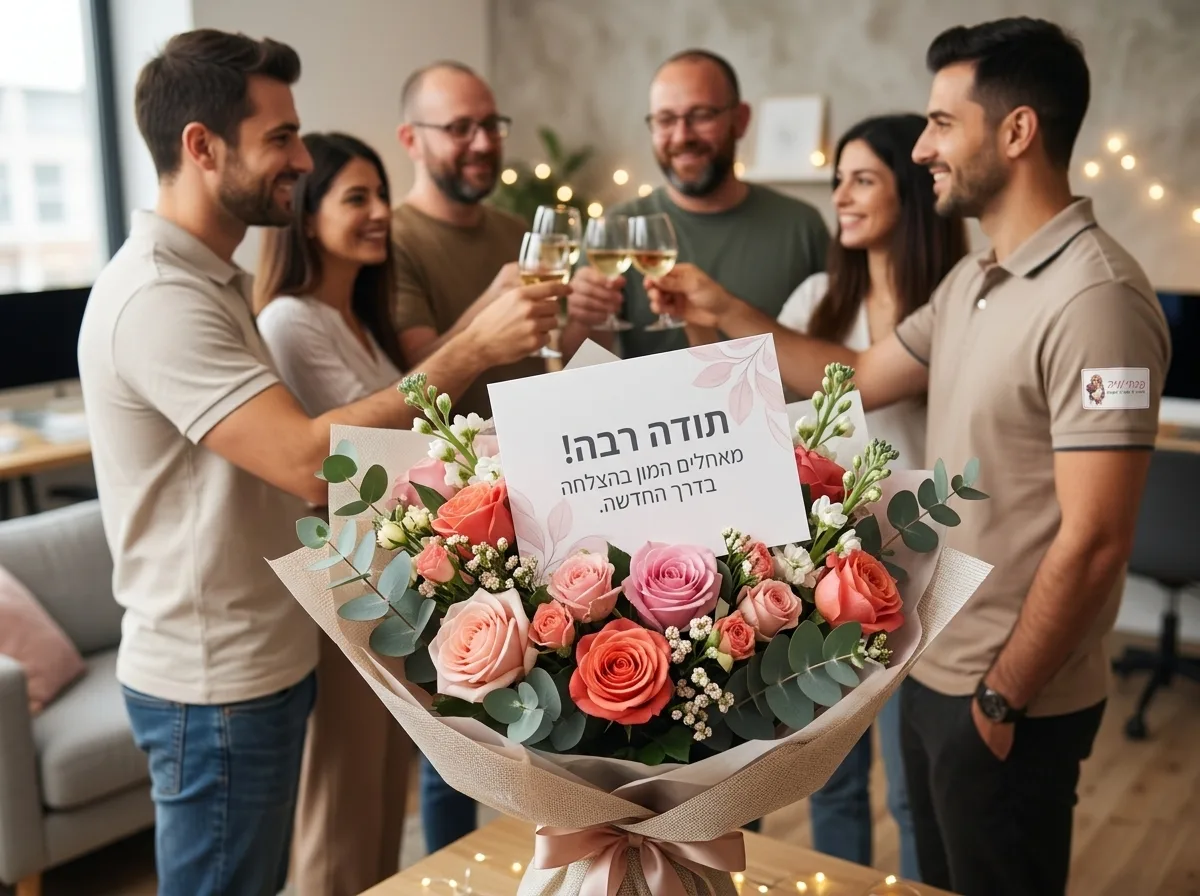 צילום קרוב וממוקד של כרטיס ברכה מעוצב המונח בתוך זר פרחים צבעוני. ברקע ניתן לראות משרד הייטק עם עובדים מרימים כוסית יין קטנה, תאורה חמימה ונעימה.