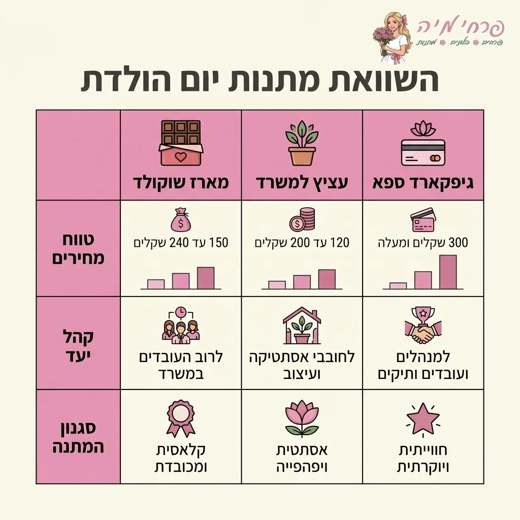אינפוגרפיקה — השוואת מתנות יום הולדת: השוואה בין מארז שוקולד, עציץ למשרד, גיפטקארד ספא