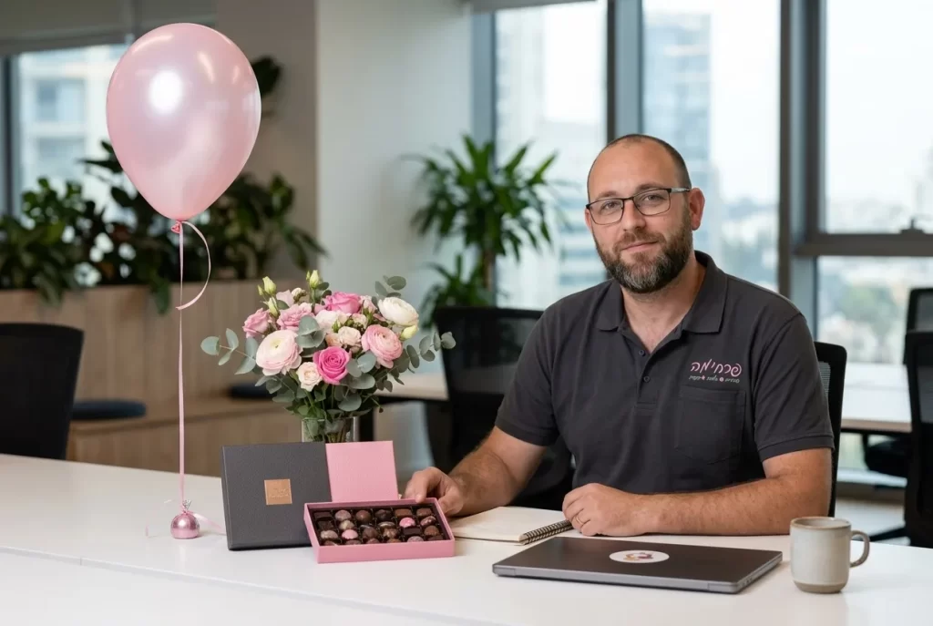 שולחן עבודה משרדי נקי ומודרני שעליו מונח מארז שוקולד יוקרתי, זר פרחים קטן ובלון הליום עדין.