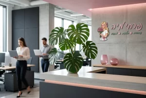 עציץ סנסיווריה או מונסטרה מרהיב מונח על דלפק קבלה במשרד הייטק מעוצב.