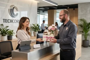 שליח מחייך מוסר מארז שי קומפקטי ויוקרתי לפקידת קבלה במשרד חברה.
