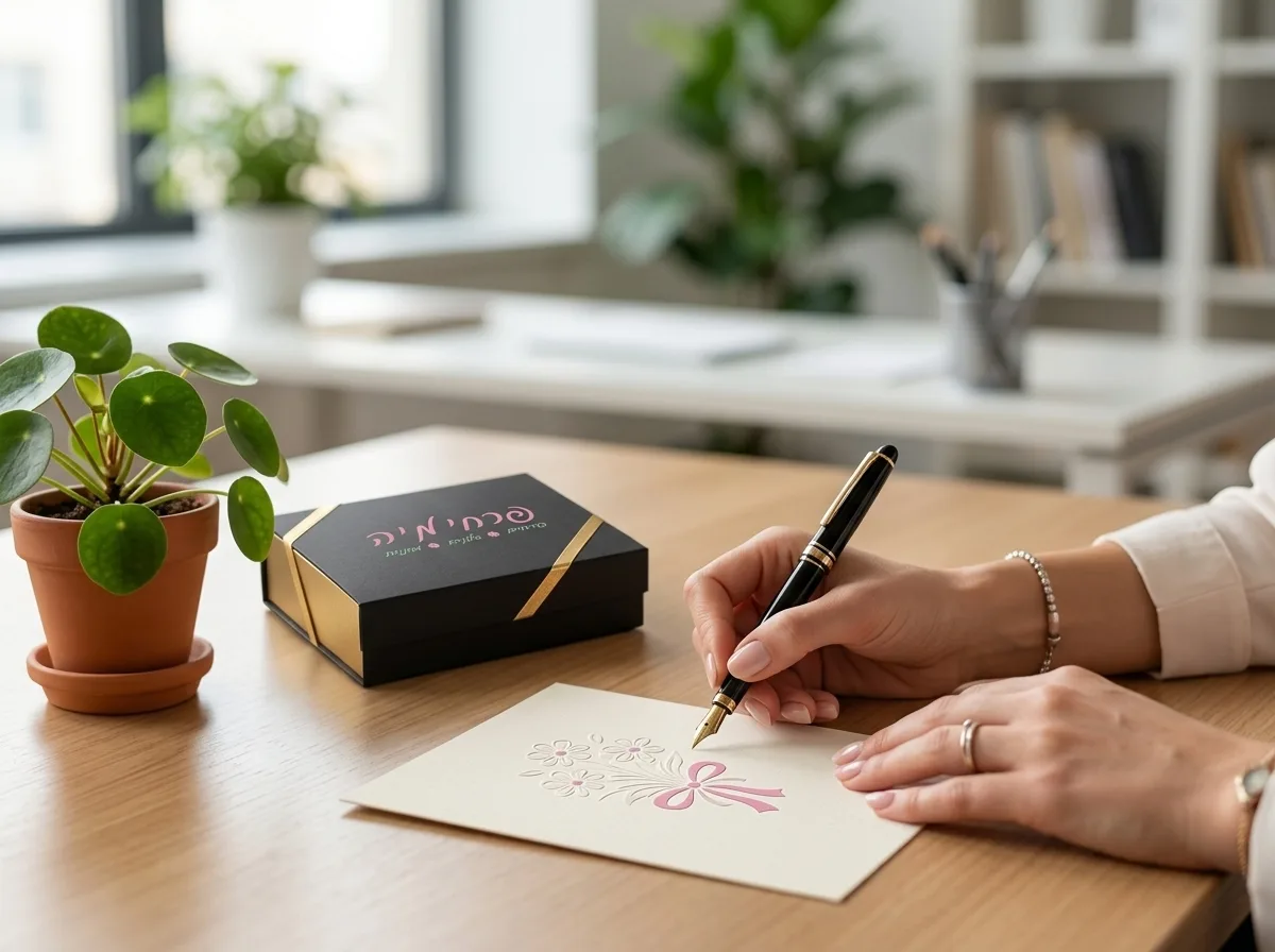 צילום מקצועי של ידיים כותבות בעט נובע על כרטיס ברכה אלגנטי, לצידו מונח מארז שוקולד יוקרתי ועציץ קטן במשרד מואר, פוקוס על הכרטיס