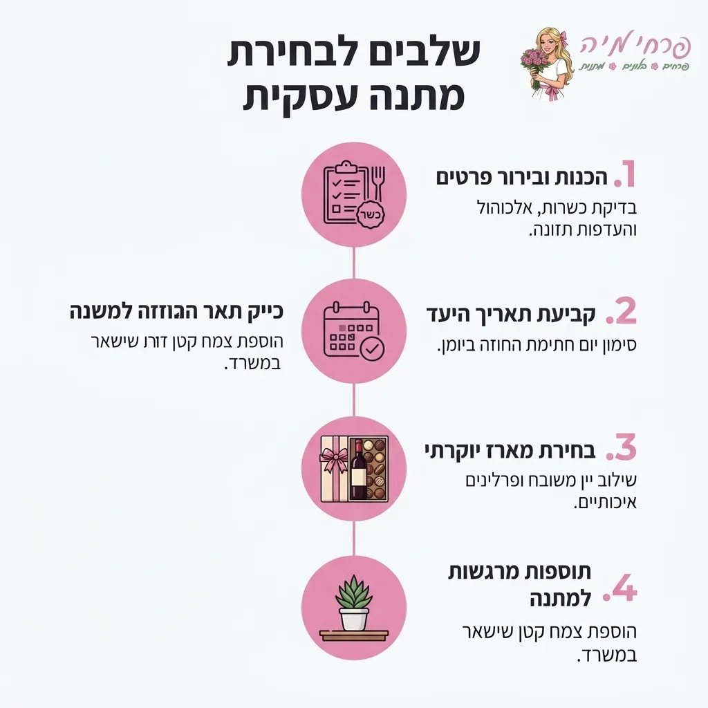 אינפוגרפיקה — שלבים לבחירת מתנה עסקית: הכנות ובירור פרטים, קביעת תאריך היעד, בחירת מארז יוקרתי, תוספות מרגשות למתנה