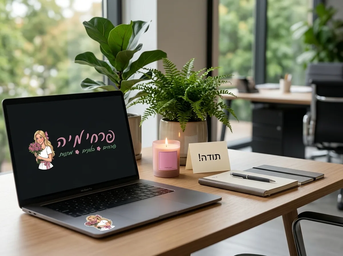 צילום ריאליסטי של שולחן משרדי מודרני מואר בתאורה טבעית, עליו מונח עציץ ירוק ורענן לצד נר ריחני בוער בעדינות ופתק תודה קטן, אווירה חמה ונעימה