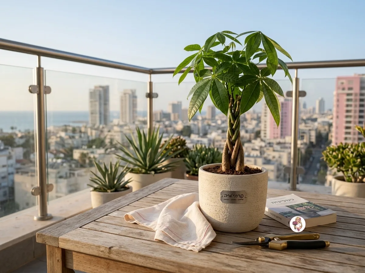 תקריב של עציץ פכירה קלוע בתוך כלי חרס בהיר, מונח על שולחן במרפסת, ברקע רואים מעקה זכוכית ושמיים תל אביביים