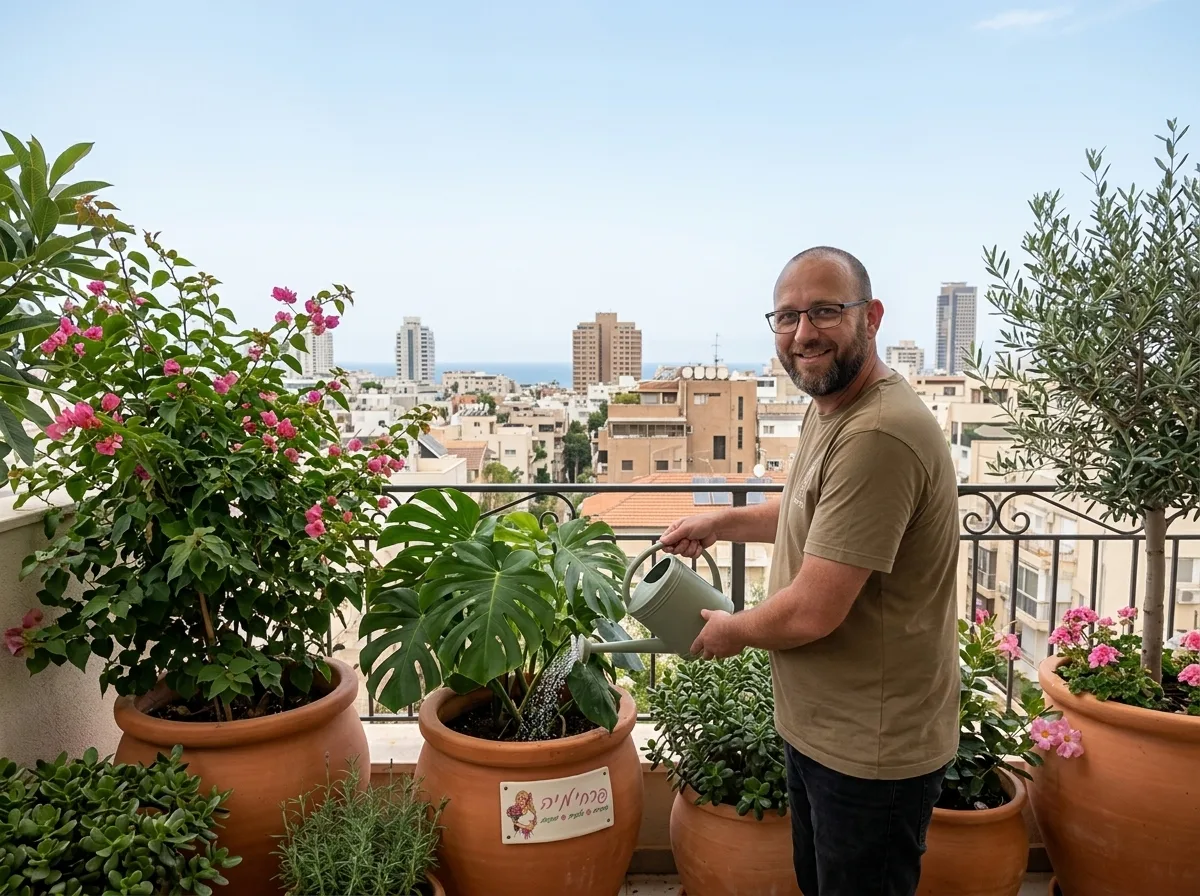 צילום ריאליסטי של מרפסת שמש תל אביבית מטופחת, עם עציצי חרס גדולים וצמחים ירוקים, ברקע רואים את קו הרקיע של העיר בתאורת יום טבעית
