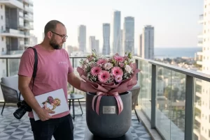 עציץ יוקרתי וממותג בלוגו חברה, מונח במרפסת אורבנית עם נוף לקו הרקיע של תל אביב.